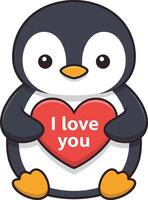 Cute penguin character holding a red heart with the phrase I love you, in a flat, minimal design style, illustration vector