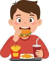 A cheerful boy enjoying a delicious hamburger with fries and soda in a bright and colorful flat illustration vector
