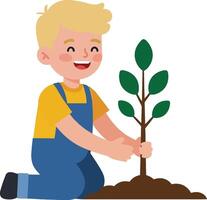 Happy boy planting a small tree in brown soil, showcasing a flat design style with vibrant colors, joyful mood, illustration vector