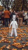 Paper man walking in the autumn leaves photo