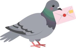 A grey pigeon holding a pink envelope in its beak, illustrated in a flat design style, conveying a whimsical and playful tone in art vector