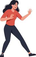 A woman in casual attire with a surprised expression, moving cautiously in a flat design illustration, conveying a sense of curiosity and uncertainty in her actions. vector