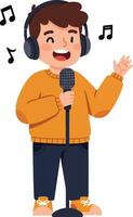 A joyful boy singing into a microphone while wearing headphones in a colorful flat illustration style with musical notes surrounding him, representing youthful energy and passion for music art vector