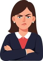 Confident woman with crossed arms displaying a serious expression in flat illustration style, conveying strength and determination in a professional setting art vector