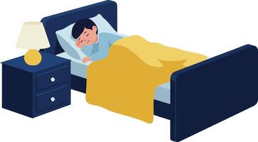 Child peacefully sleeping in a cozy bed with yellow blanket and bedside lamp, flat illustration vector