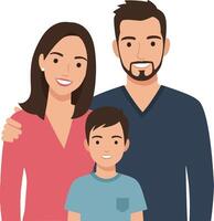Family portrait featuring a smiling father, mother, and son in minimalistic style, exuding warmth and happiness, depicted as illustration vector