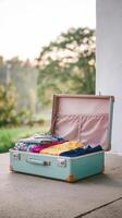 An open suitcase with clothes inside photo