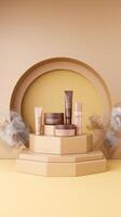 3d background products display podium scene with geometric platform and smoke nude yellow background rendering podium stand to show cosmetic products stage showcase on pedestal display beige studio photo