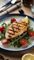 Grilled chicken breast with arugula salad on a blue plate photo