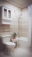 A bathroom with a toilet, sink, and shower photo