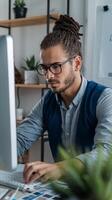 A man in glasses is working on a computer photo