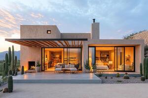 Modern desert home showing open floor plan with cacti and sunset view photo