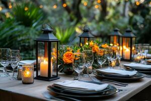 Elegant table setting with lanterns and flowers creating a romantic ambiance photo