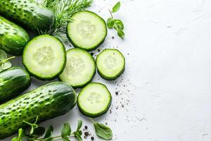 Fresh cucumbers and slices with dill and spices on white background photo