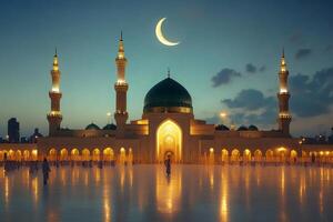 Crescent moon shining over illuminated mosque at dusk with worshippers gathering photo