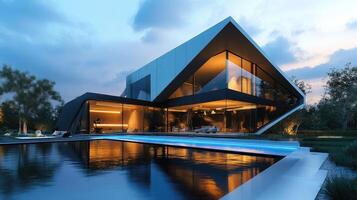Modern geometric house with illuminated pool at dusk reflecting cloudy sky photo