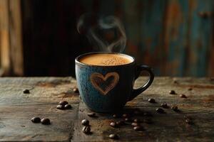 Steaming coffee cup with heart design on rustic table photo