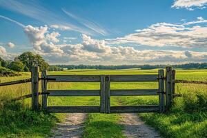 Wooden gate opening into lush green fields under cloudy sky photo