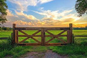Wooden gate opening into green pasture at sunset photo