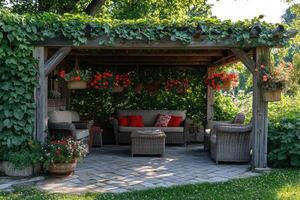 Cozy pergola providing shade in lush garden setting with comfortable furniture photo
