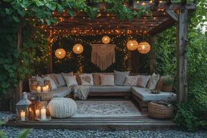 Cozy bohemian patio decorated with string lights and candles illuminating a relaxing evening scene photo