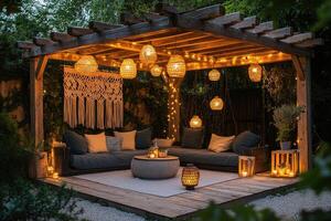 Cozy backyard patio illuminated with string lights and lanterns at dusk photo