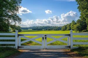 White wooden gate opening to green meadow under cloudy sky photo