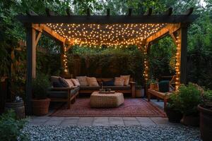 Cozy backyard patio illuminated with string lights creating a relaxing ambiance photo