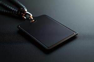 Blank black rectangular label with chain on dark background is hanging photo