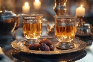 Two ornate tea glasses with dates on silver tray, illuminated by candlelight, creating warm ambiance photo