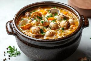 Delicious clam chowder soup garnished with parsley in rustic clay pot photo