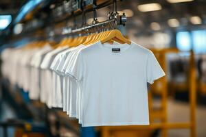 Row of white t shirts hanging in factory setting photo