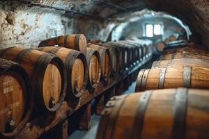 Rows of wine barrels resting in a cellar, creating an evocative atmosphere photo