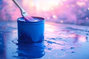 Paintbrush dipping into vibrant blue paint can on reflective surface at sunset photo