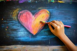 Child creating colorful heart with chalk art photo