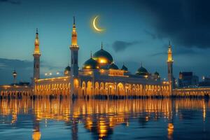 Crescent moon shining over illuminated mosque reflecting in water at dusk photo
