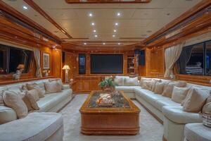 Luxurious yacht interior featuring comfortable seating and entertainment system photo