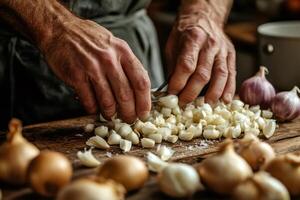 Chef chopping garlic on wooden cutting board with onions photo
