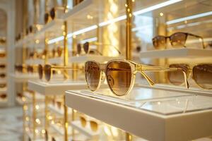 Golden sunglasses shining on display shelf in luxury boutique photo