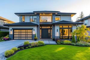 Modern luxury home exterior showcasing stunning architecture and landscaping at dusk photo