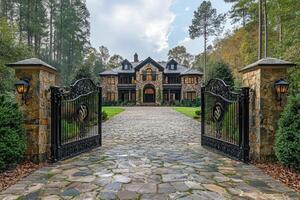 Luxury mansion behind open gates on cobblestone driveway photo