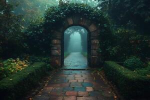 Stone archway covered with ivy leads to foggy path in garden photo