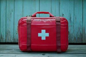 Red first aid kit bag sitting on wooden floor with turquoise background photo