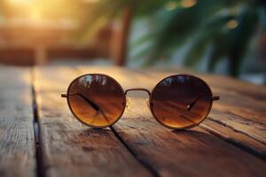 Sunglasses resting on wooden table at sunset reflecting tropical scenery photo