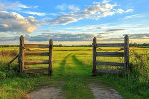 Open wooden gate leading to green field under cloudy sky photo