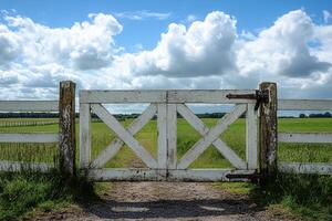 White wooden gate opening to green meadow under cloudy sky . photo