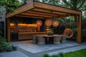 Modern outdoor kitchen with cozy dining area photo