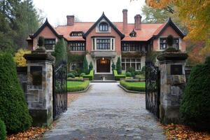 Large upscale house with driveway and open gates during fall season photo