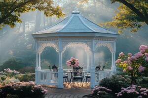 White gazebo standing in blooming garden during foggy morning photo