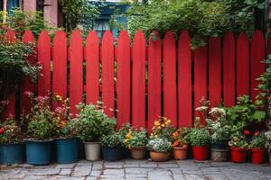 Red picket fence protecting beautiful blooming flowers in pots photo